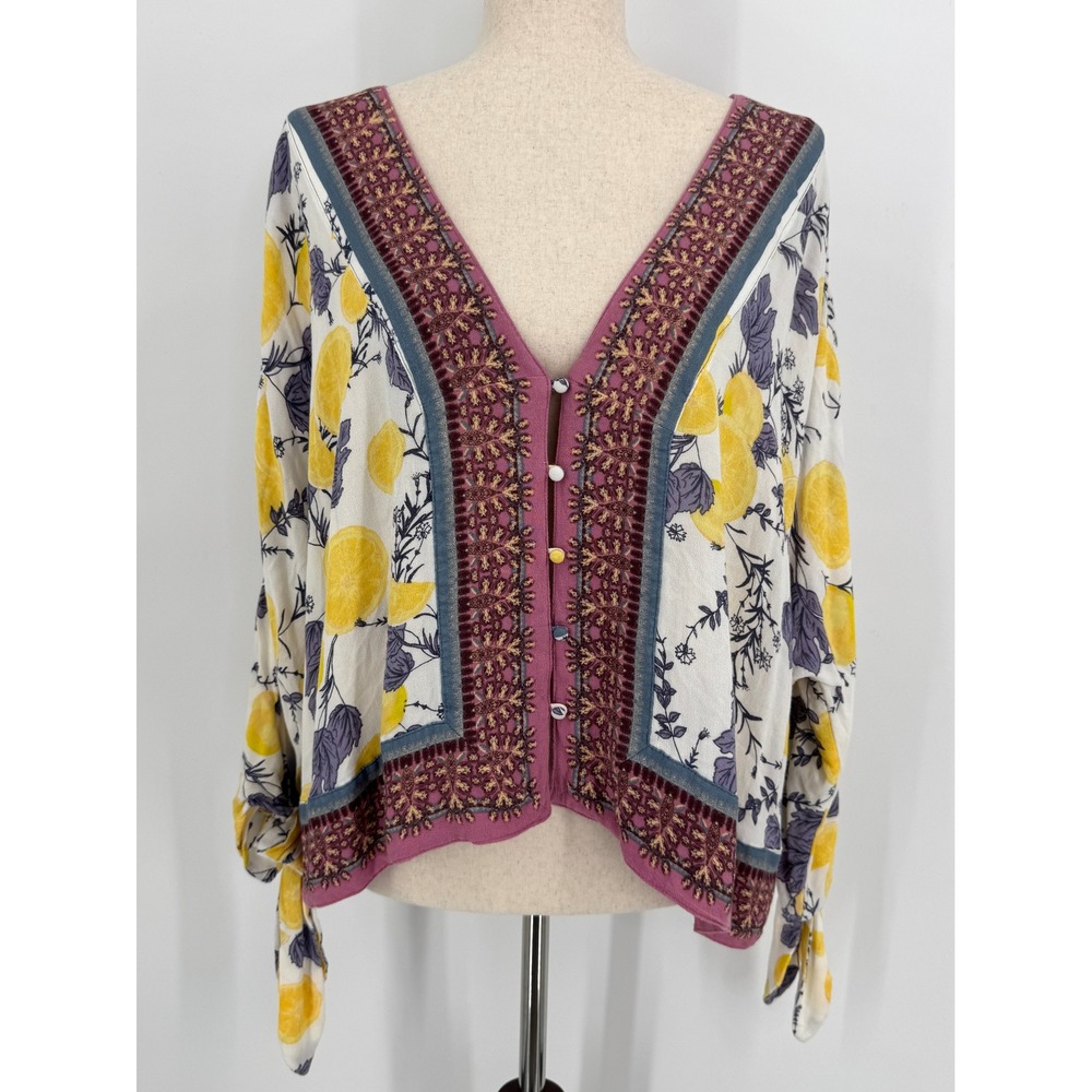 Free People Womens Lemon Print Blouse Top Size M White Boho Coastal Tropical